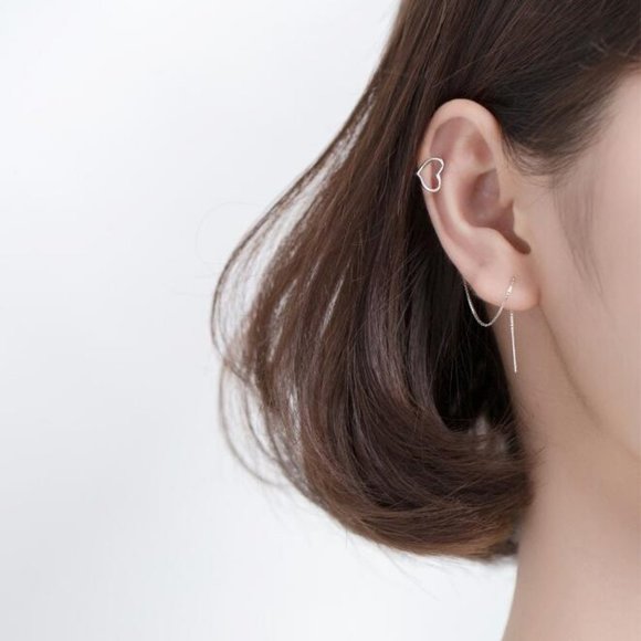 NEW 925 Sterling Silver Heart Cuff Chain Earrings - Picture 5 of 10